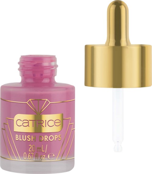 Różowa butelka z złotą etykietą i pipetą, oznaczona 'Catrice Blush Drops' do makijażu.