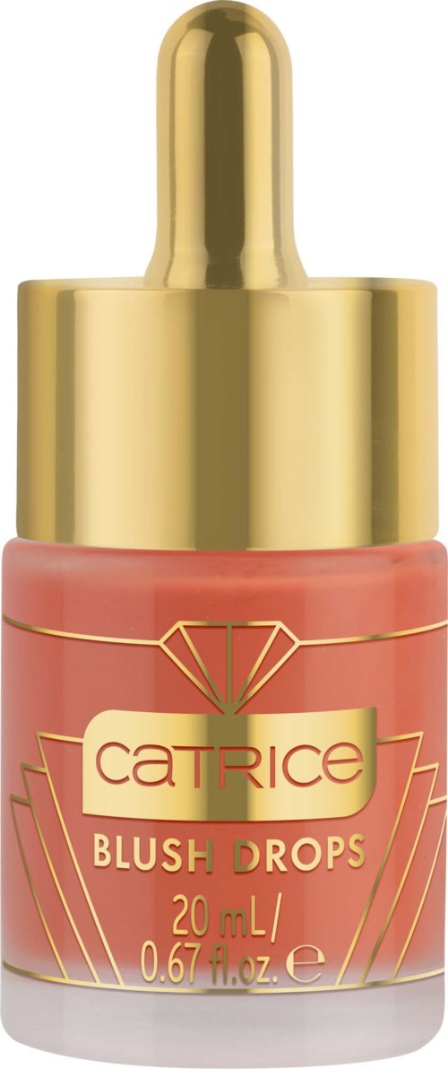 A small pink bottle with a gold dropper and a label reading 'Catrice Blush Drops' for facial makeup.