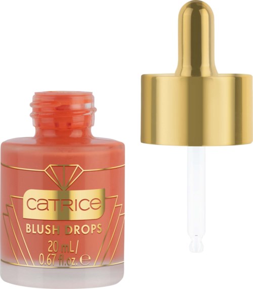 A small jar of blush drops with a gold dropper lid, label says "Catrice" and "Blush Drops".