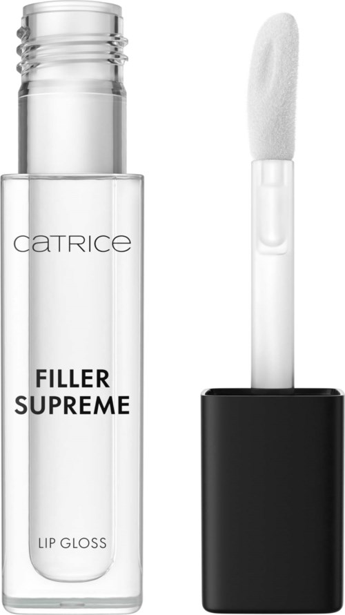 En klar læbepompeflaske med hvid applikator og sort hætte, mærket 'Filler Supreme Lip Gloss' af Catrice.