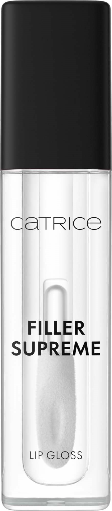 En klar læbepomadeflaske med sort låg, mærket "Filler Supreme," fra Catrice.