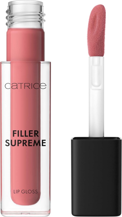 En lyserød læbestiftflaske med applikatorspids, mærket 'Catrice Filler Supreme Lip Gloss.'