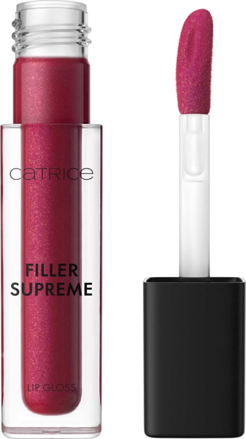Läppglansrør og applikator med lyserødt gloss. Mærket er Catrice, kaldet Filler Supreme.