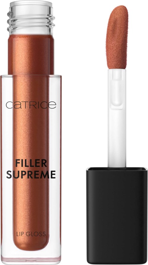 En læbestiftgloss tube med bronze farve og aftagelig applikator med brun spids.