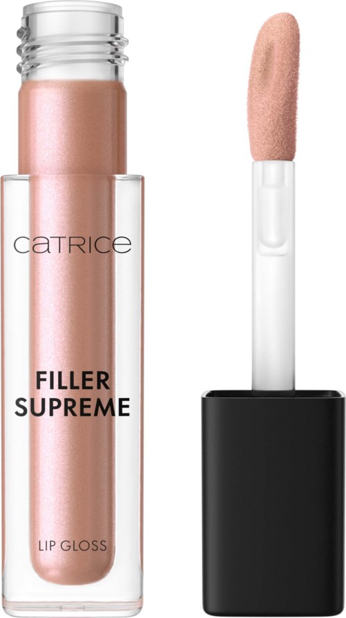 Læbe gloss i gennemsigtig tube med lyserødt gloss, og en separat applikator med lyserødt gloss.