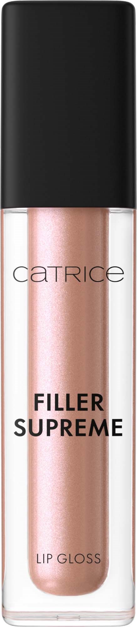 Læbeglansbeholder med sort låg, mærket "Catrice Filler Supreme Lip Gloss."