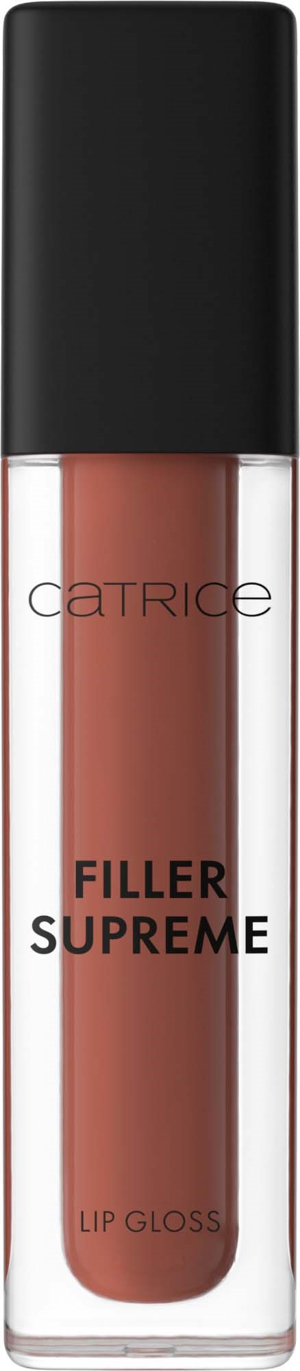 En læbgelæbe med sort hætte og klar krop, der viser en brun nuance. Etiketten læser 'Filler Supreme Lip Gloss.'
