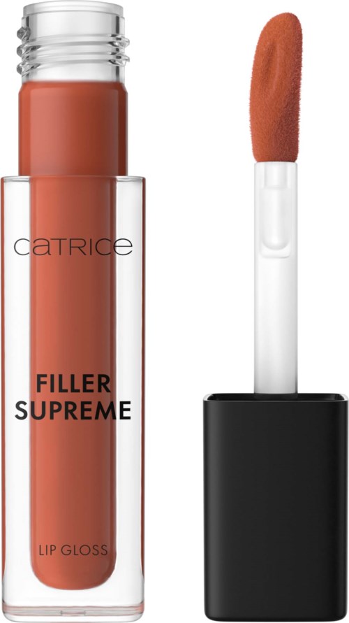 Læbglansrør mærket Catrice Filler Supreme med en orange applikator.