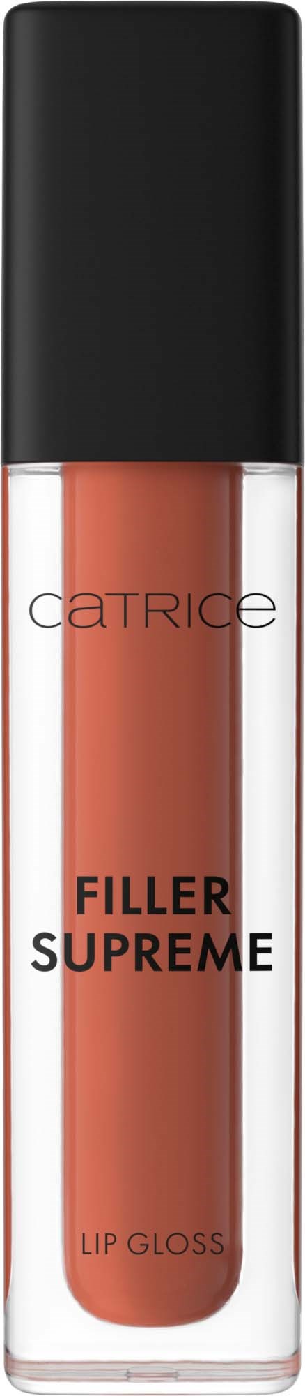 Et rør med Catrice Filler Supreme lip gloss med sort låg og gennemsigtig krop, der viser den ferskenfarvede gloss.