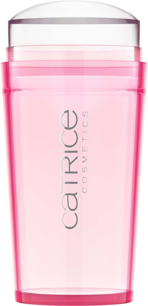 Een roze en doorzichtige plastic fles met zilveren dop, gemarkeerd 'Catrice Cosmetics'.