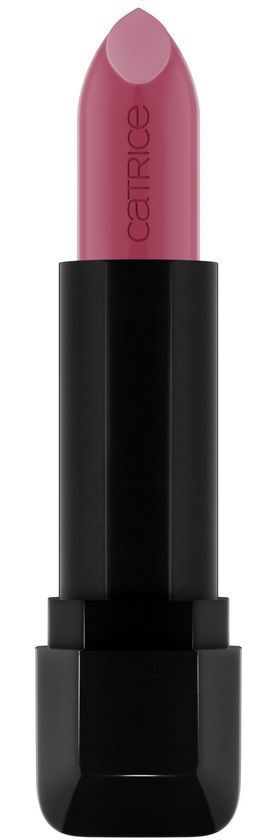 En rosa leppestift med svart base, merket 'Catrice'. Den er litt vridd opp. Enkel og liten design.