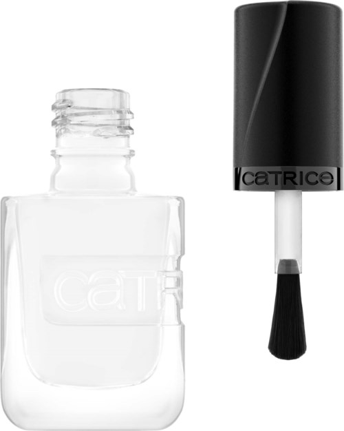 Een Catrice nagellakfles met zwarte dop en kleine kwastapplicator.