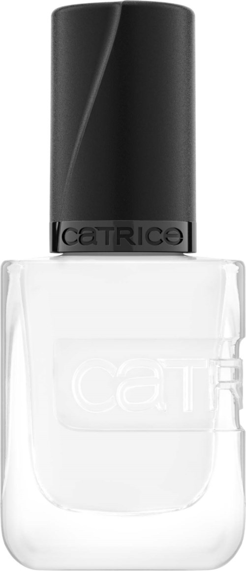 Een doorzichtige nagellakfles met een zwart deksel en de naam 'Catrice' op het label.