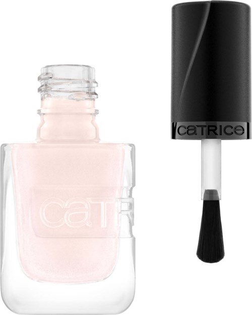 Een doorzichtige fles met roze nagellak en een zwarte dop met borstel voor aanbrengen.