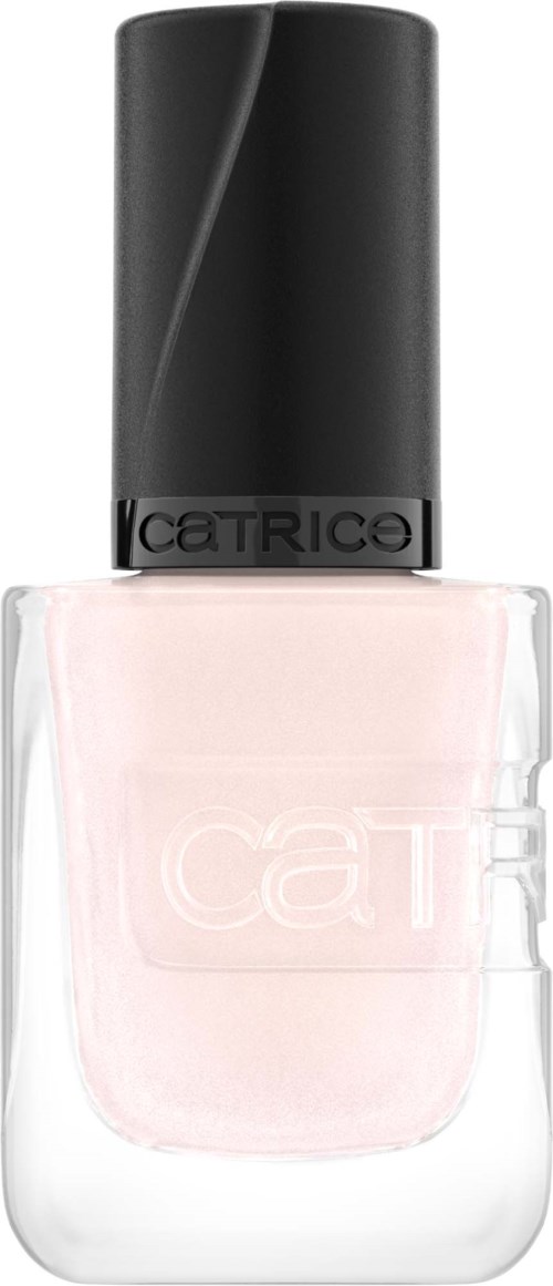 Een lichtroze nagellakfles met zwarte dop en de merknaam 'Catrice'.