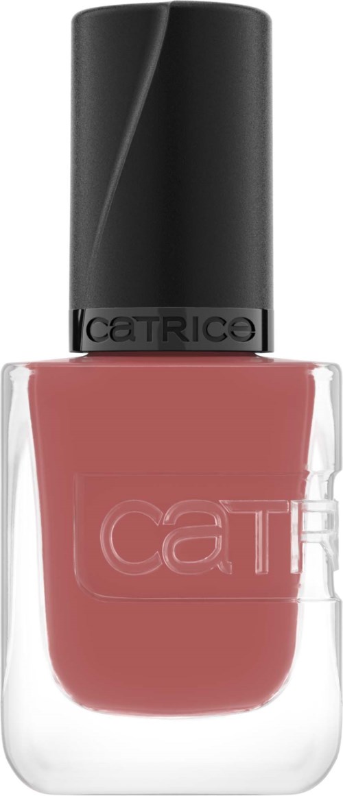 Een nagellakfles met een zwarte dop en roze kleur in een doorzichtige glazen verpakking.