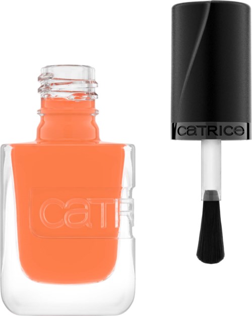 Orangenfarbener Nagellack mit Pinsel daneben.