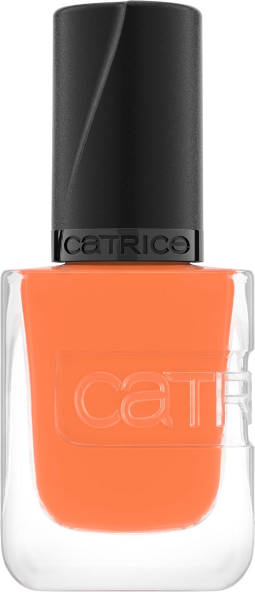 Dies ist eine Flasche mit orangefarbenem Nagellack und schwarzem Deckel. Der Markenname ist Catrice.