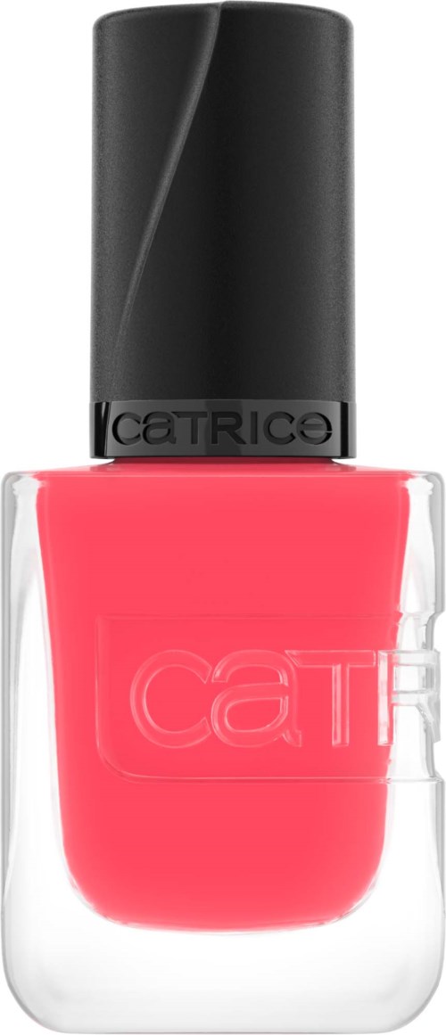 Een flesje roze nagellak met zwarte dop en doorzichtige glazen onderkant van Catrice.