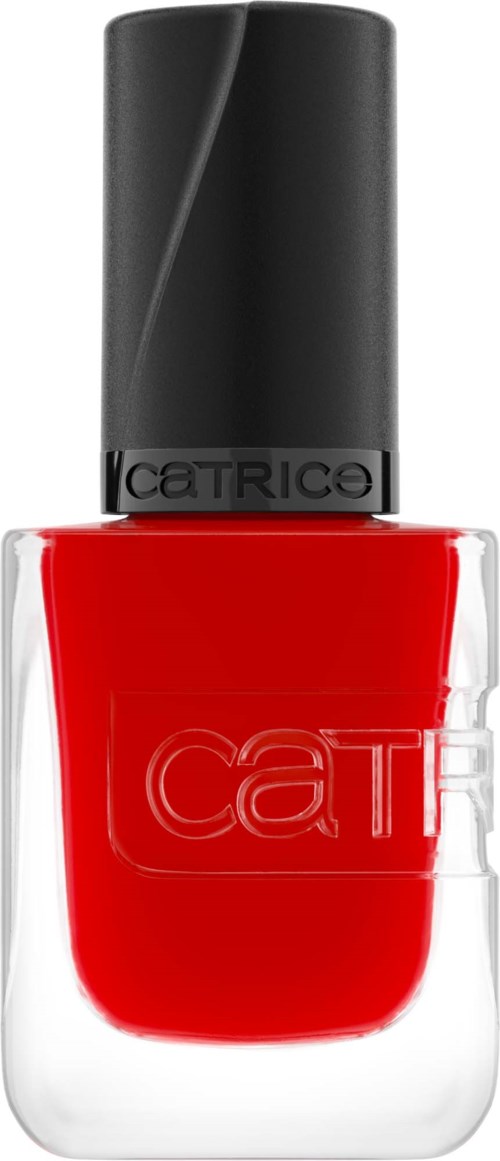 Roter Nagellack in einer klaren Flasche mit schwarzem Deckel. Der Markenname CATRICE ist auf der Flasche.