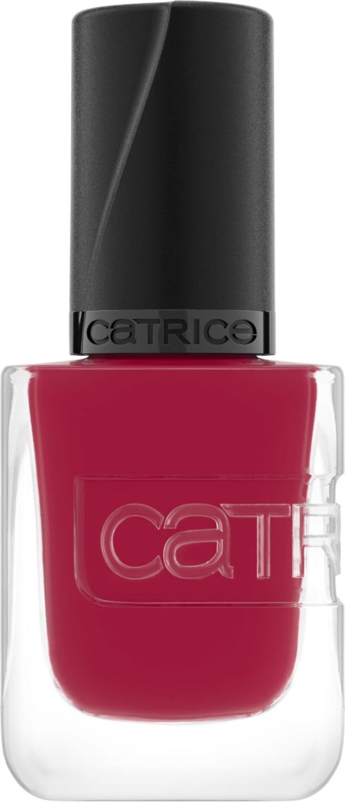 Een flesje rode nagellak met een zwarte dop en Catrice-merklogo op de dop.