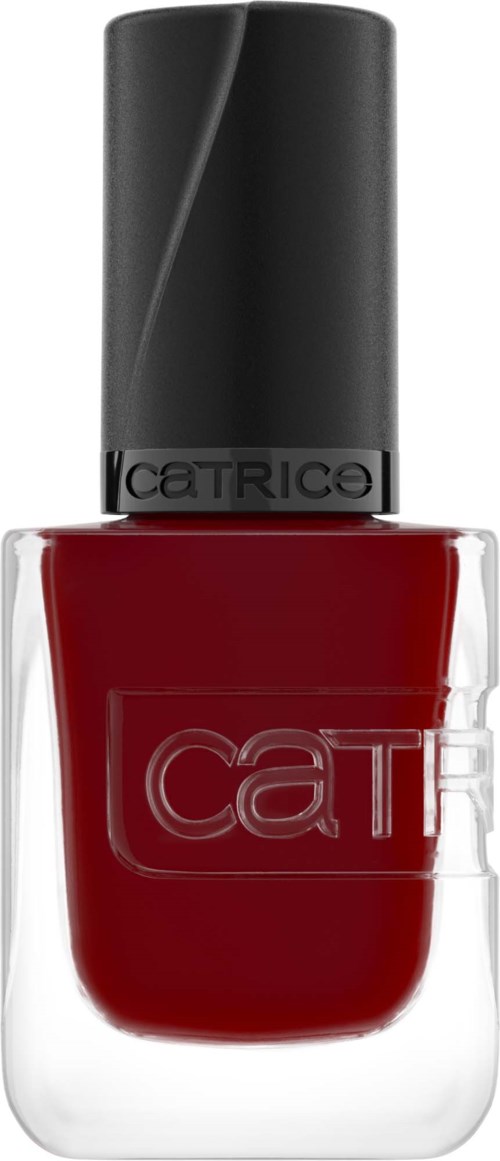 Roter Nagellack in einer klaren Flasche mit schwarzem Deckel und Markenname.