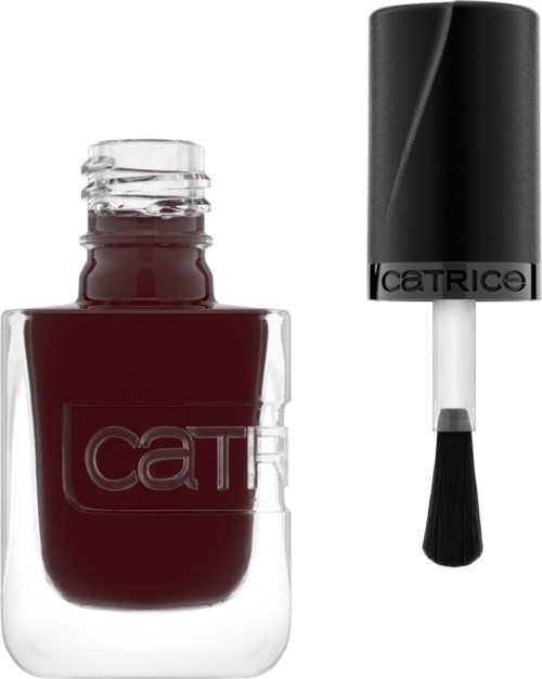 Een Catrice nagellakfles met zwart deksel en kwast ernaast.
