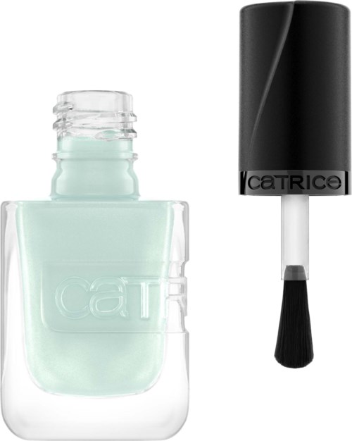 Een lichtgroene nagellakfles met de dop en penseel ernaast. De fles heeft "Ciat" erop.