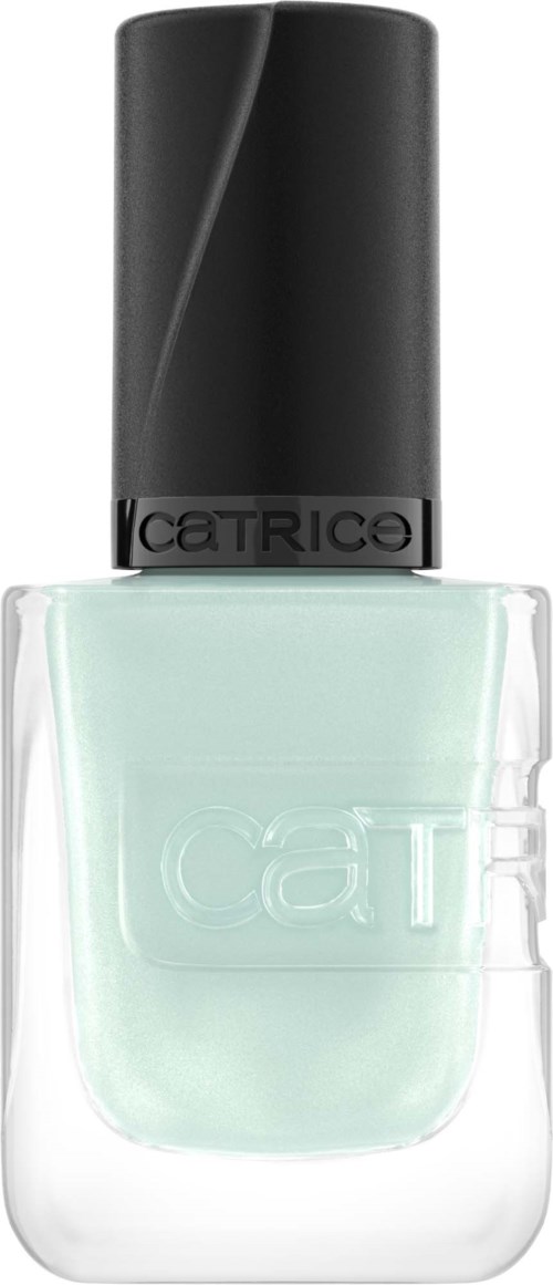 Een flesje lichtgroene nagellak met een zwarte dop en merknaam Catrice.