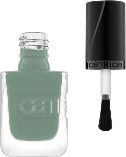 Een nagellakfles met groene nagellak en een zwarte applicatorborstel.