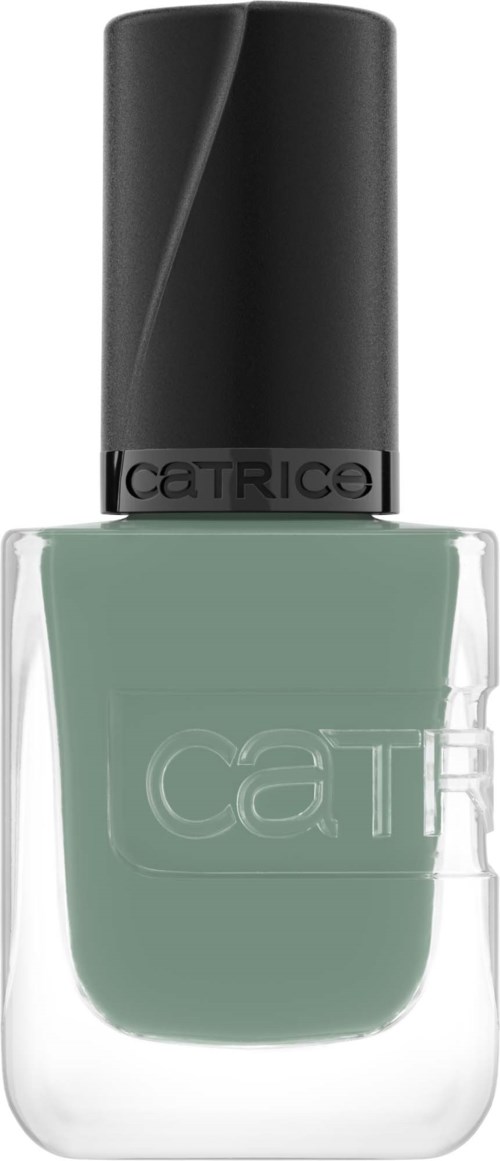 Een lichtgroene nagellakfles met een zwartdop en de merknaam Catrice.