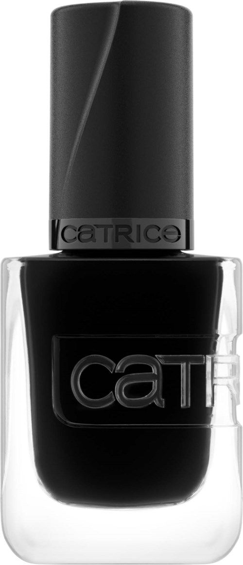 Een zwarte nagellakfles met een doorzichtige onderkant en zwarte dop. Het merk 'Catrice' staat op de fles.