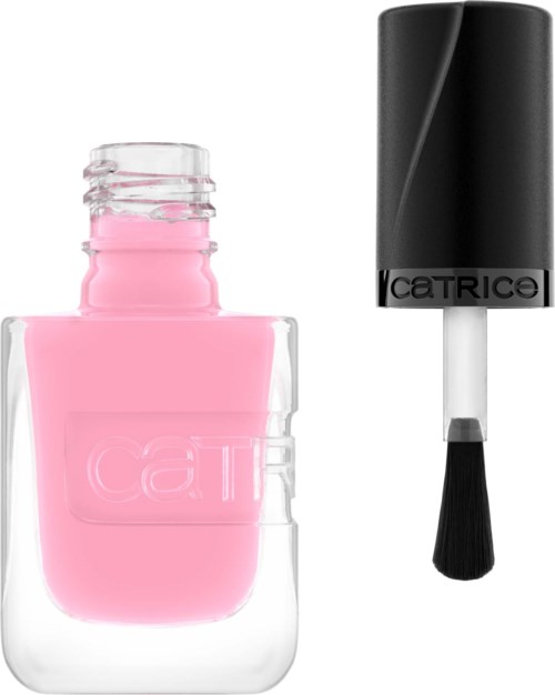 Roze nagellak in een doorzichtige fles met zwarte dop en kwast.