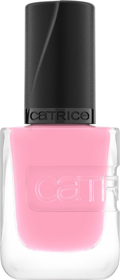 Rozige nagellak in doorzichtige fles met zwarte dop en Catrice-merk.