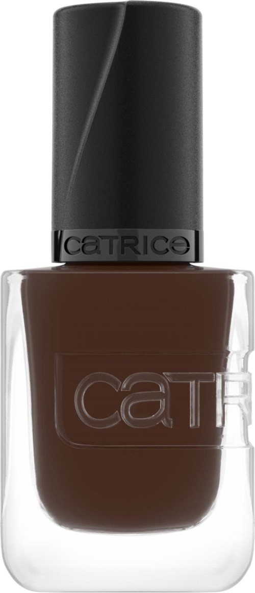Brauner Nagellack in einer Glasflasche mit schwarzem Deckel und "Catrice"-Aufschrift.