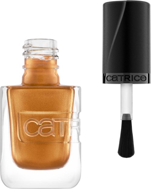 Ein goldener Nagellackflasche mit einem separaten schwarzen Deckel mit Pinsel.