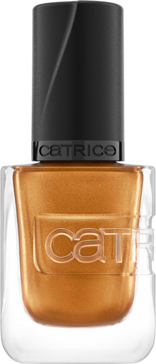 Eine Flasche mit goldfarbenem Nagellack, schwarzem Deckel und dem Markennamen Catrice.