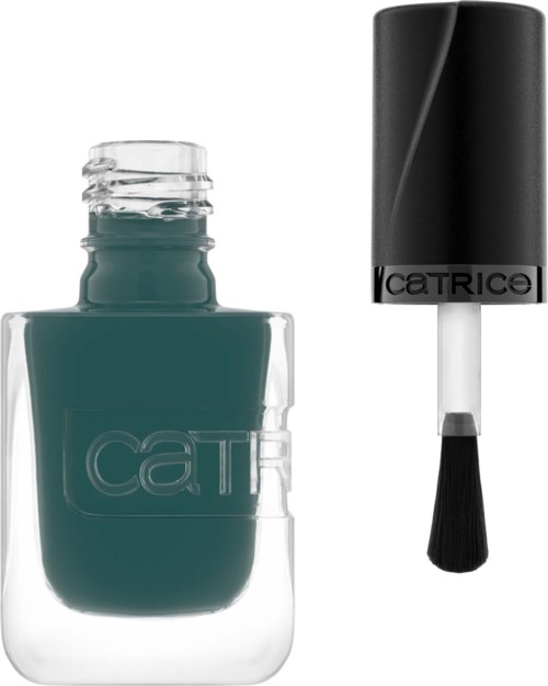 Een flesje nagellak in teal met zwarte dop en kwast ernaast.