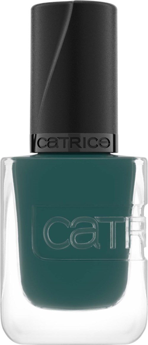 Een tealkleurige nagellakfles met zwarte dop en CATRICE-label.