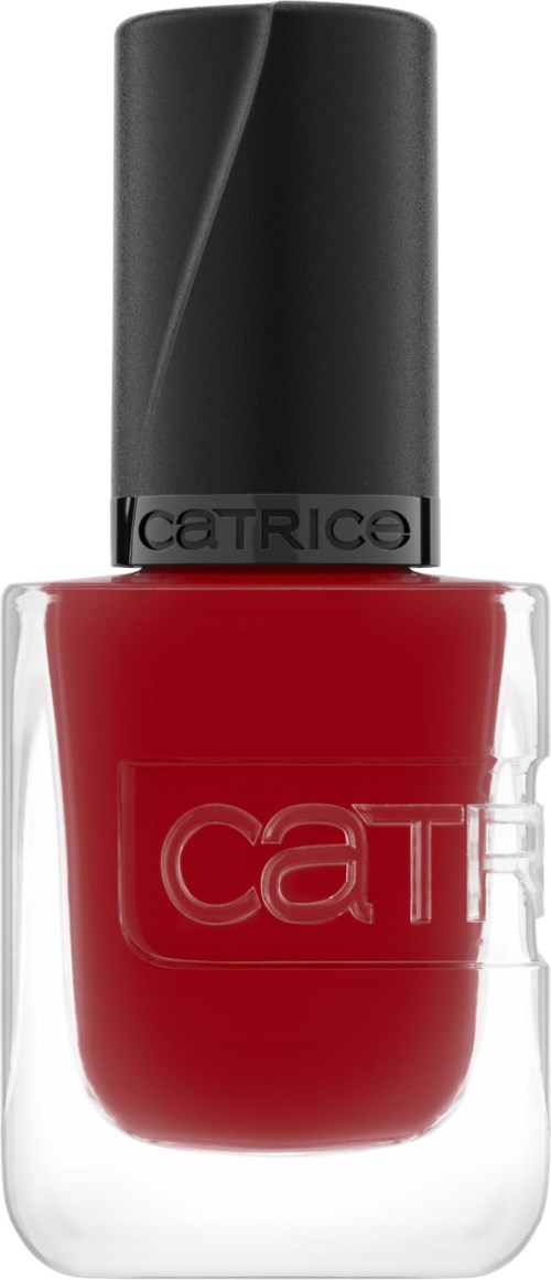 Eine rote Nagellackflasche mit schwarzem Deckel, mit Catrice bezeichnet. Klare und einfache Verpackung.