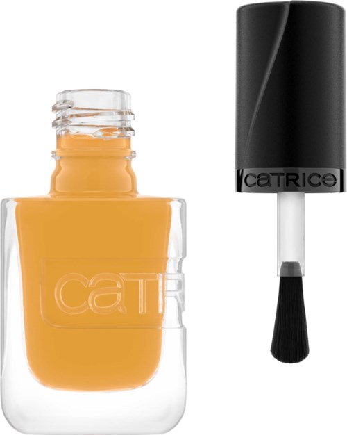 Eine Nagellackflasche in Orange mit einem schwarzen Pinsel daneben.