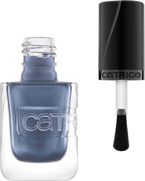Blauwe nagellak in een doorzichtige fles met zwarte dop en kwast.