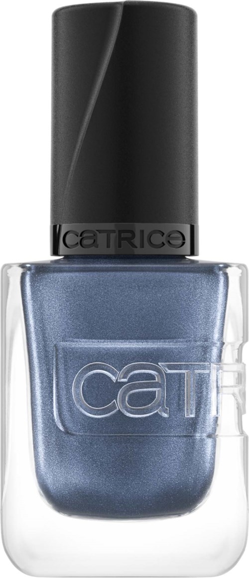 Een blauw-grijze nagellakfles van Catrice met een zwarte dop en gegraveerde merknaam.