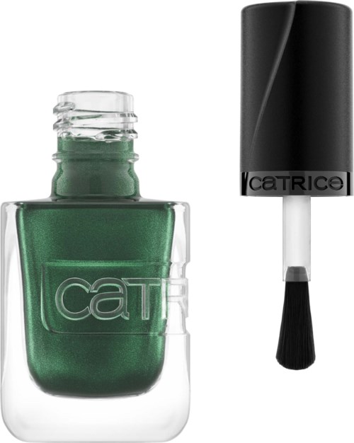 Grüne Nagellackflasche mit schwarzem Deckel und Pinsel, Marke "Catrice."