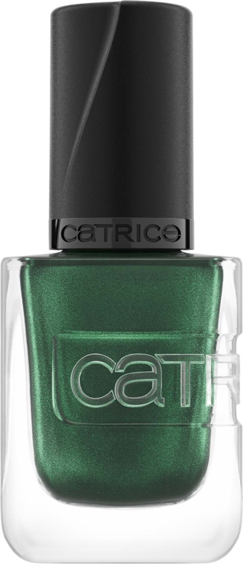 Grüner Nagellack in einem Glasflakon mit schwarzem Deckel und 'CAT'-Logo. Flasche ist halbtransparent.