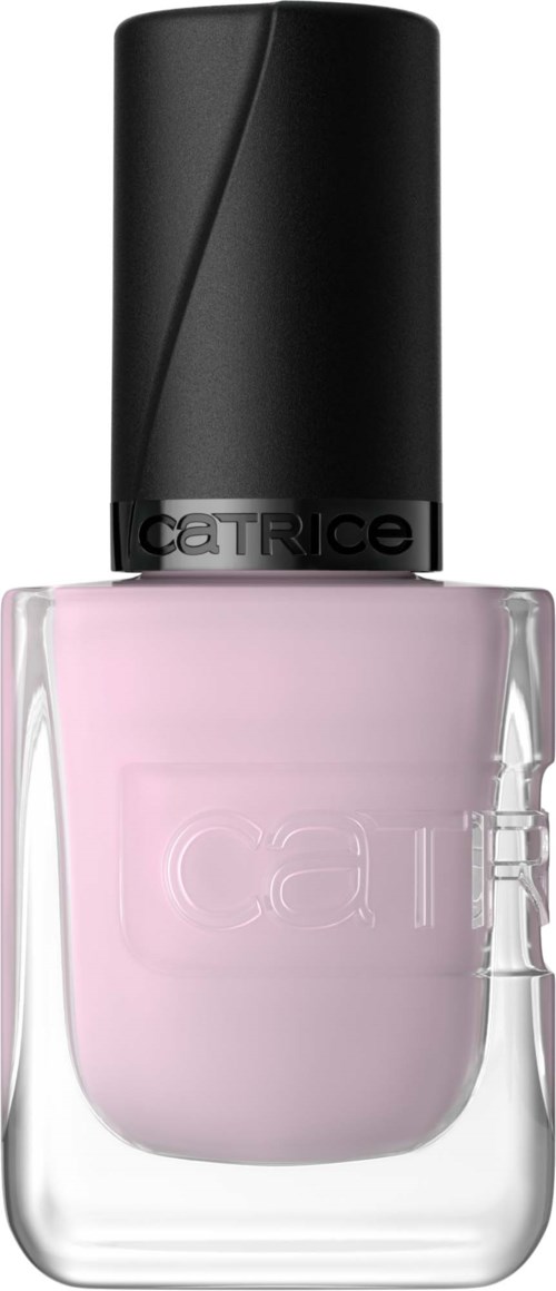 Roze nagellakfles met zwarte dop en het merknaam CATRICE.