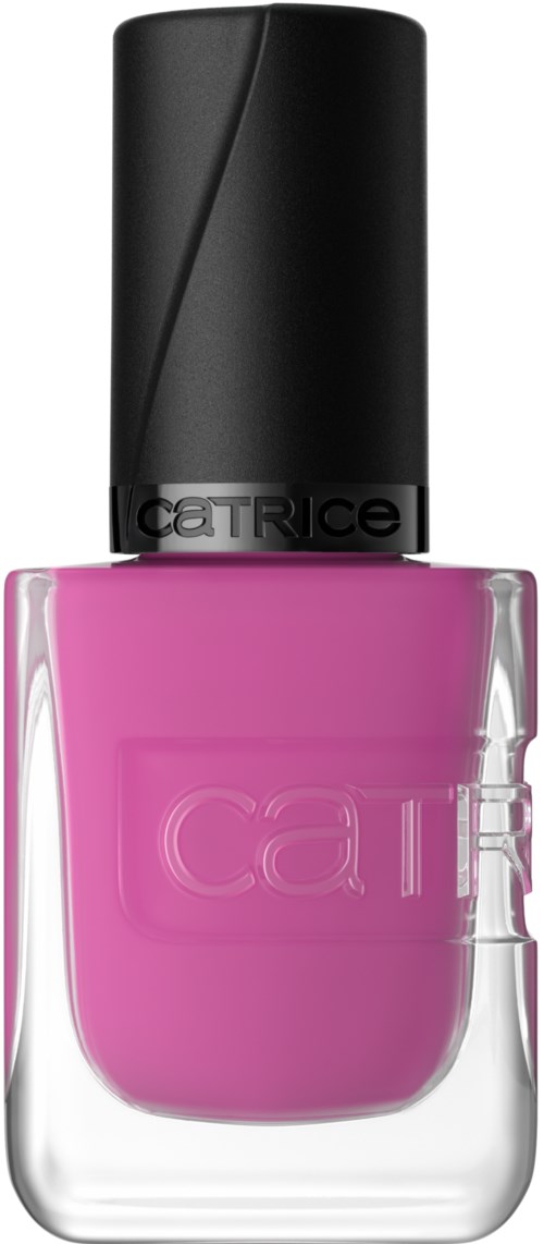 Roze nagellak in een doorzichtige glazen fles met zwarte dop.