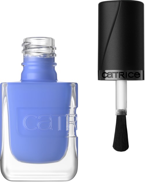 Blauwe nagellak in een glazen fles met zwarte dop en kwast. CATRICE-logo op de dop.
