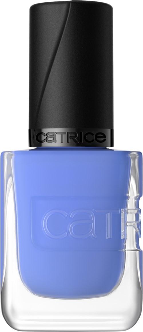 Blauwe nagellak in een doorzichtige fles met een zwarte dop. Het merk, Catrice, staat op de fles. Eenvoudig en elegant.