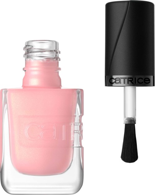 Roze nagellakfles met zwarte kwast ernaast.